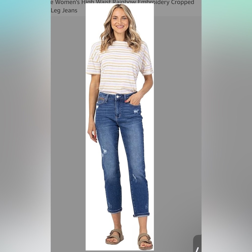 Judy Blue High Waist Embroidery Cropped Straight Leg Jeans